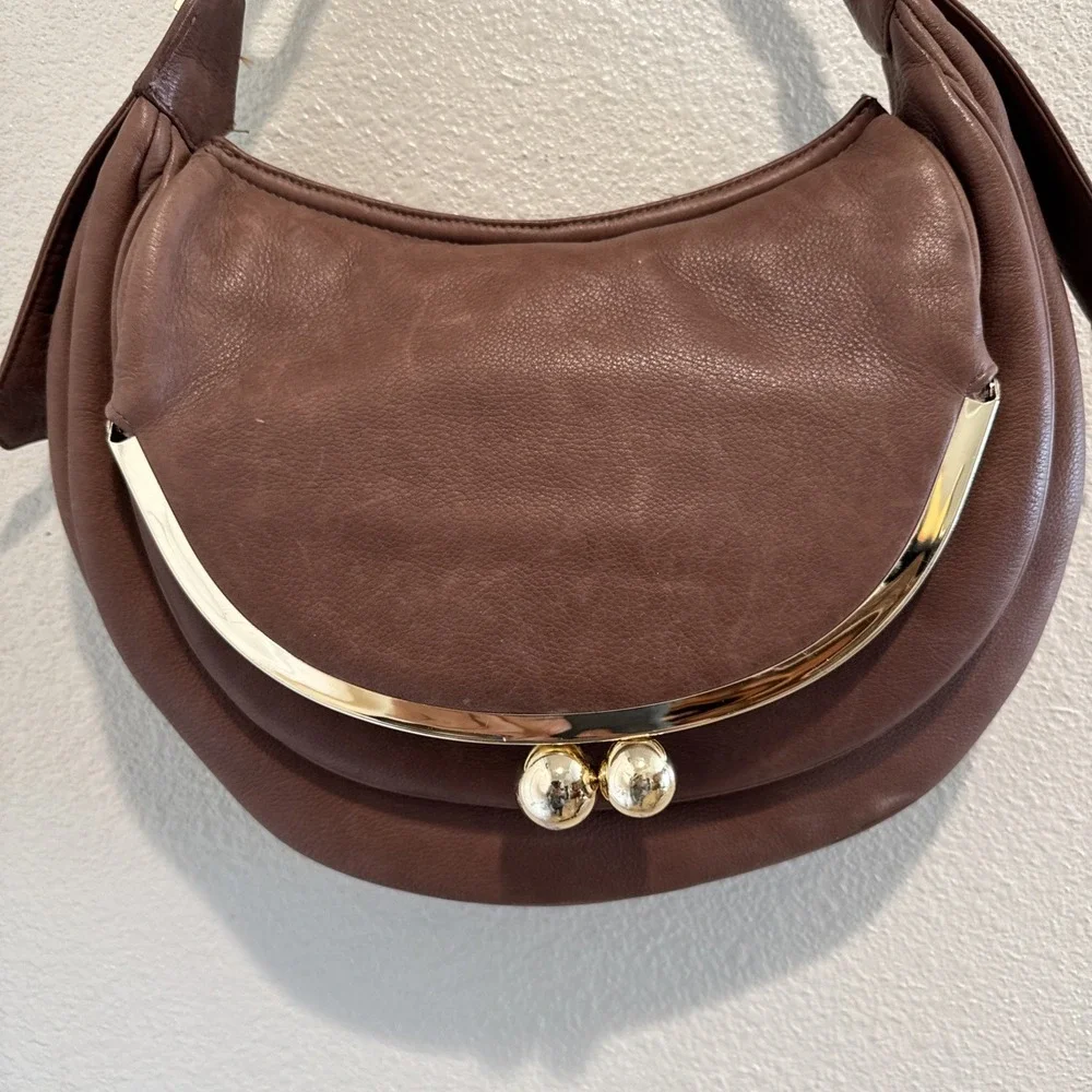 Vtg Y2K Bulga Brown Leather Kisslock Shoulder Bag Purse Satchel Buckle Details